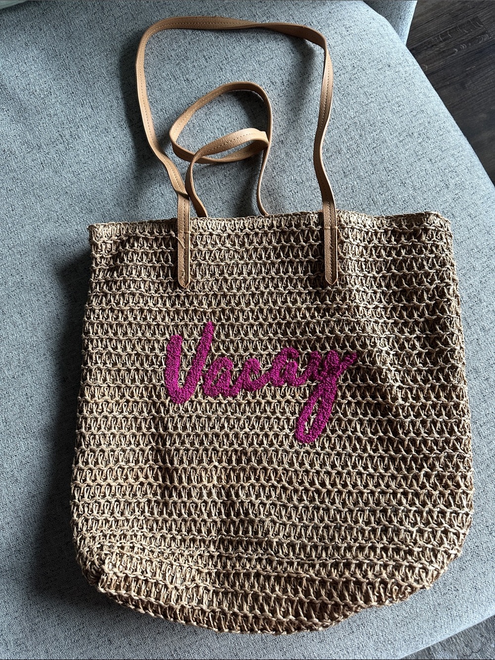 Vacay Straw Tote Bag with Pink Script - Picture 1 of 3